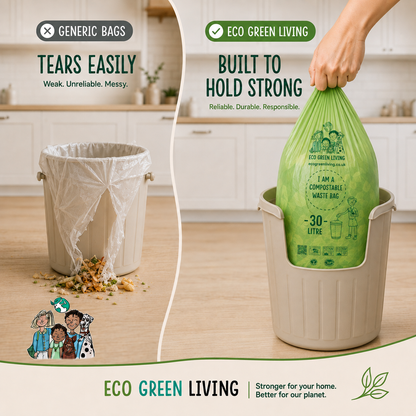 A split comparison graphic showing generic plastic bags and eco green living compostable bags. The left side shows a generic bag tearing easily from a beige trash can, with text reading 'TEARS EASILY'.