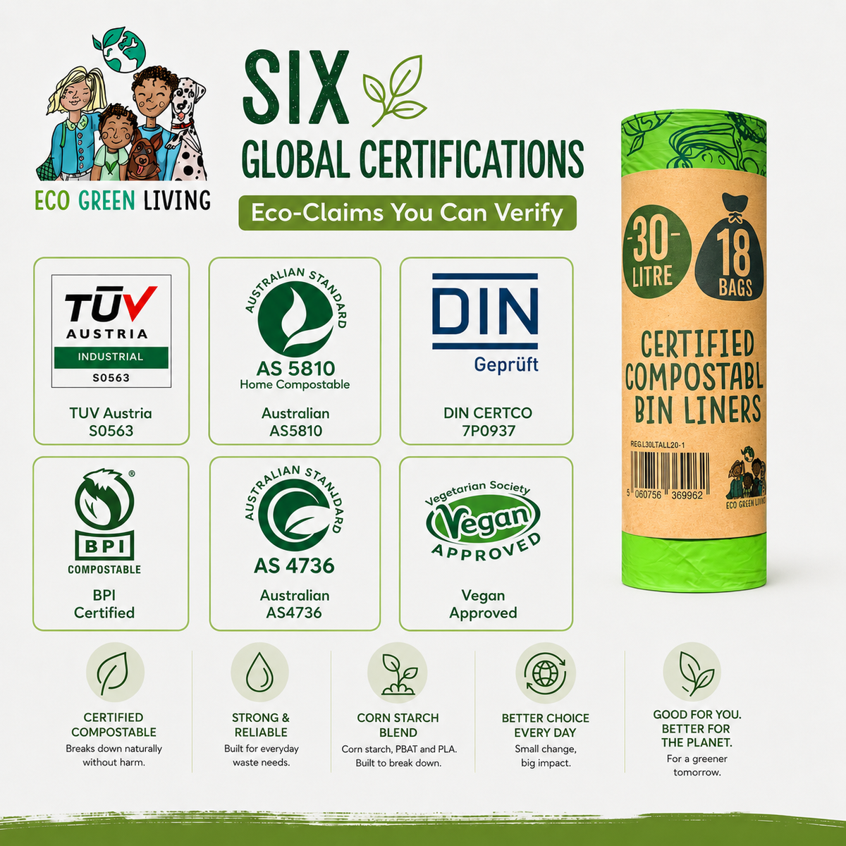 Promotional graphic for Eco Green Living certified compostable bin liners, showing a 30 litre bag of 18 bags on the right, a group of people with a child at the top left, and multiple certification logos including TÜV Austria, Australian Standards AS 5810, DIN CERTCO, BPI, and Vegan Approved on the left.