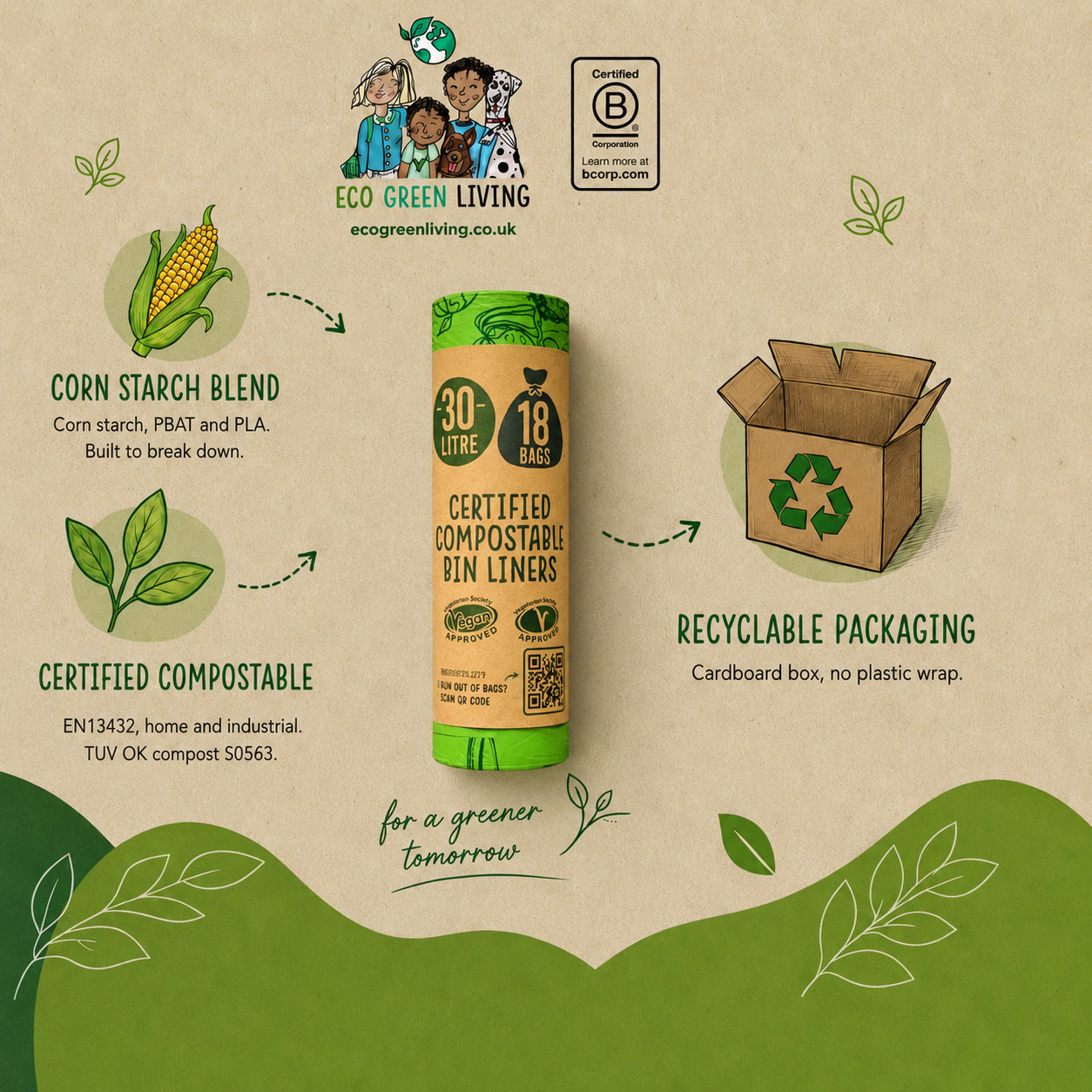 A promotional graphic for Eco Green Living corn starch blend compostable bin liners. The main product shown is a roll of green and yellow-brown compostable bin liners, surrounded by callout illustrations and text for 'Corn Starch Blend', 'Certified Compostable', and 'Recyclable Packaging' on a beige background with green leaf graphics.