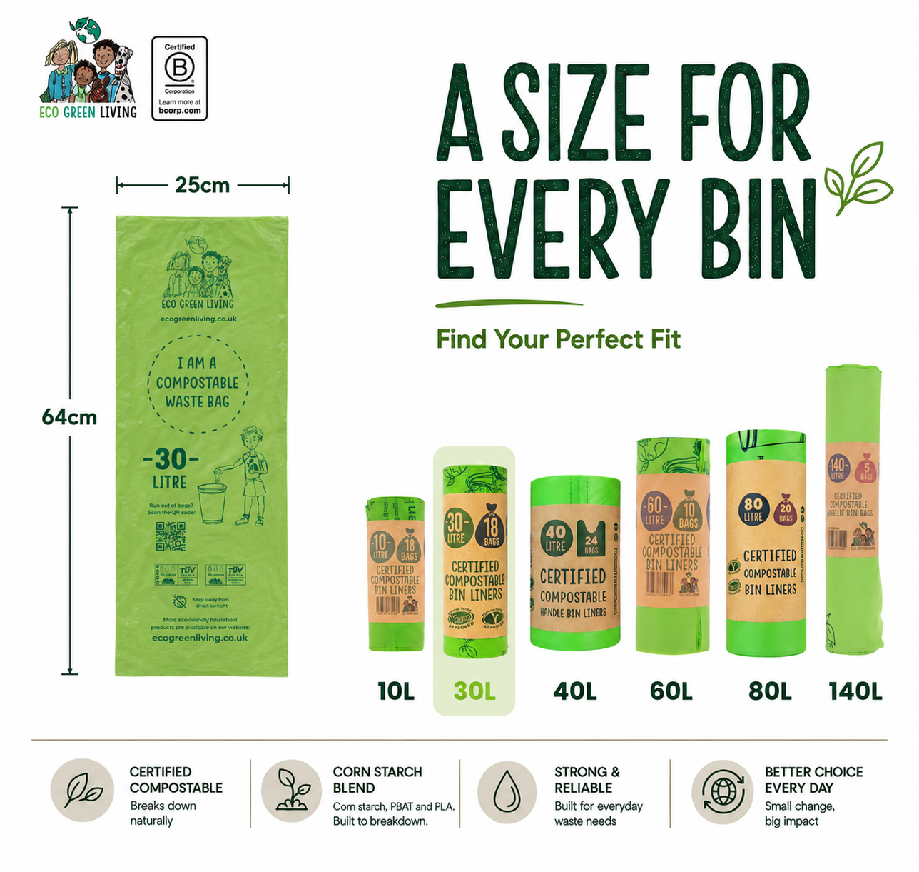 A size guide for Eco Green Living compostable waste bins, showing a 30-liter bag alongside smaller cylindrical bins labeled 10L, 30L, 40L, 60L, 80L, and 140L. The image includes dimensions (25cm width and 64cm height for the bag), certification badges, and feature icons on a white background.