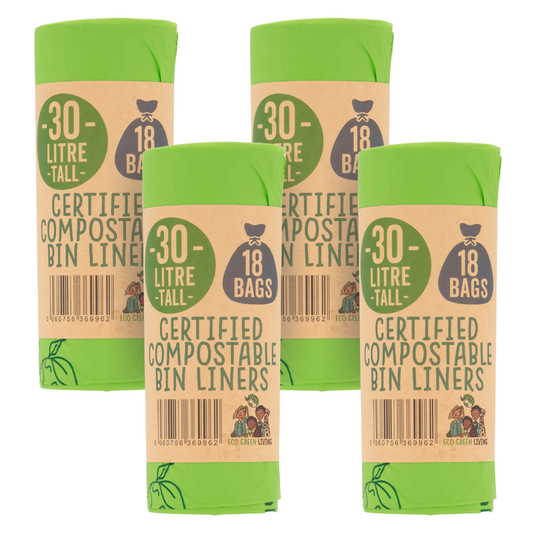 Four rolls of compostable bin liners arranged in a 2x2 grid. Each roll has a bright green top and bottom edge and a tan paper label wrapped around the middle, featuring text that reads '30 LITRE TALL' and 'CERTIFIED COMPOSTABLE BIN LINERS' along with '18 BAGS'.