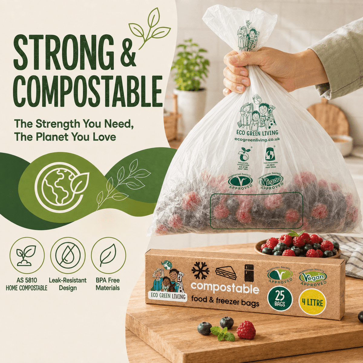 4 Litre Certified Compostable Food & Freezer Bags (25 bags) - EcoGreenLiving
