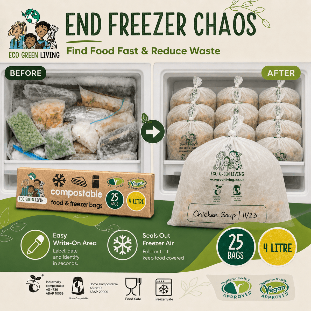 4 Litre Certified Compostable Food & Freezer Bags (25 bags) - EcoGreenLiving