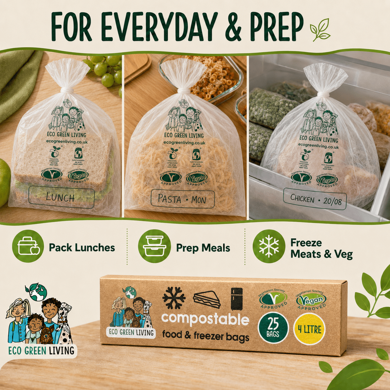 4 Litre Certified Compostable Food & Freezer Bags (25 bags) - EcoGreenLiving