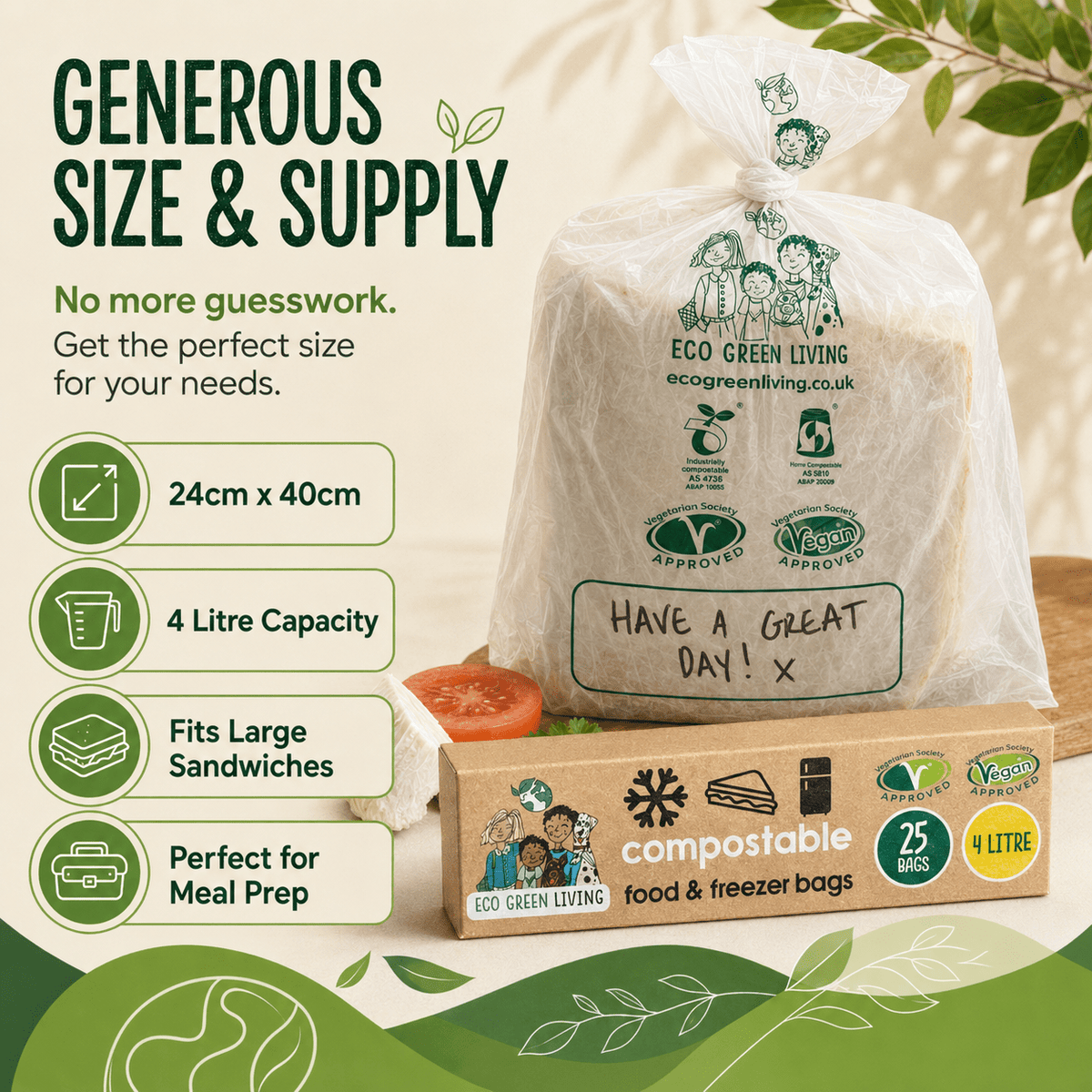 4 Litre Certified Compostable Food & Freezer Bags (25 bags) - EcoGreenLiving