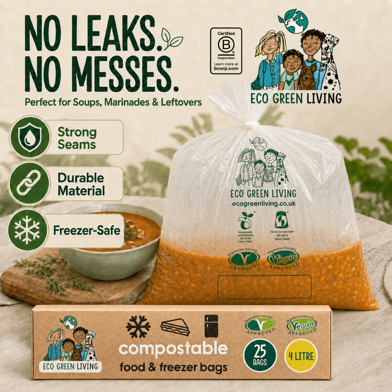 4 Litre Certified Compostable Food & Freezer Bags (25 bags) - EcoGreenLiving