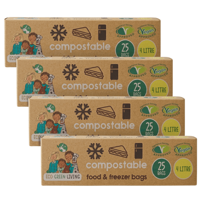 4 Litre Certified Compostable Food & Freezer Bags (25 bags) X 4 - EcoGreenLiving