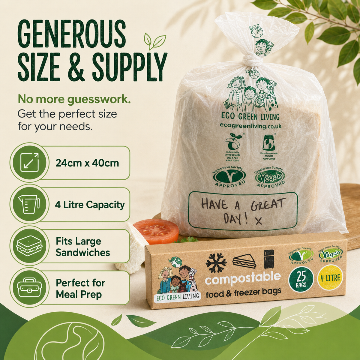 4 Litre Certified Compostable Food & Freezer Bags (25 bags) X 4