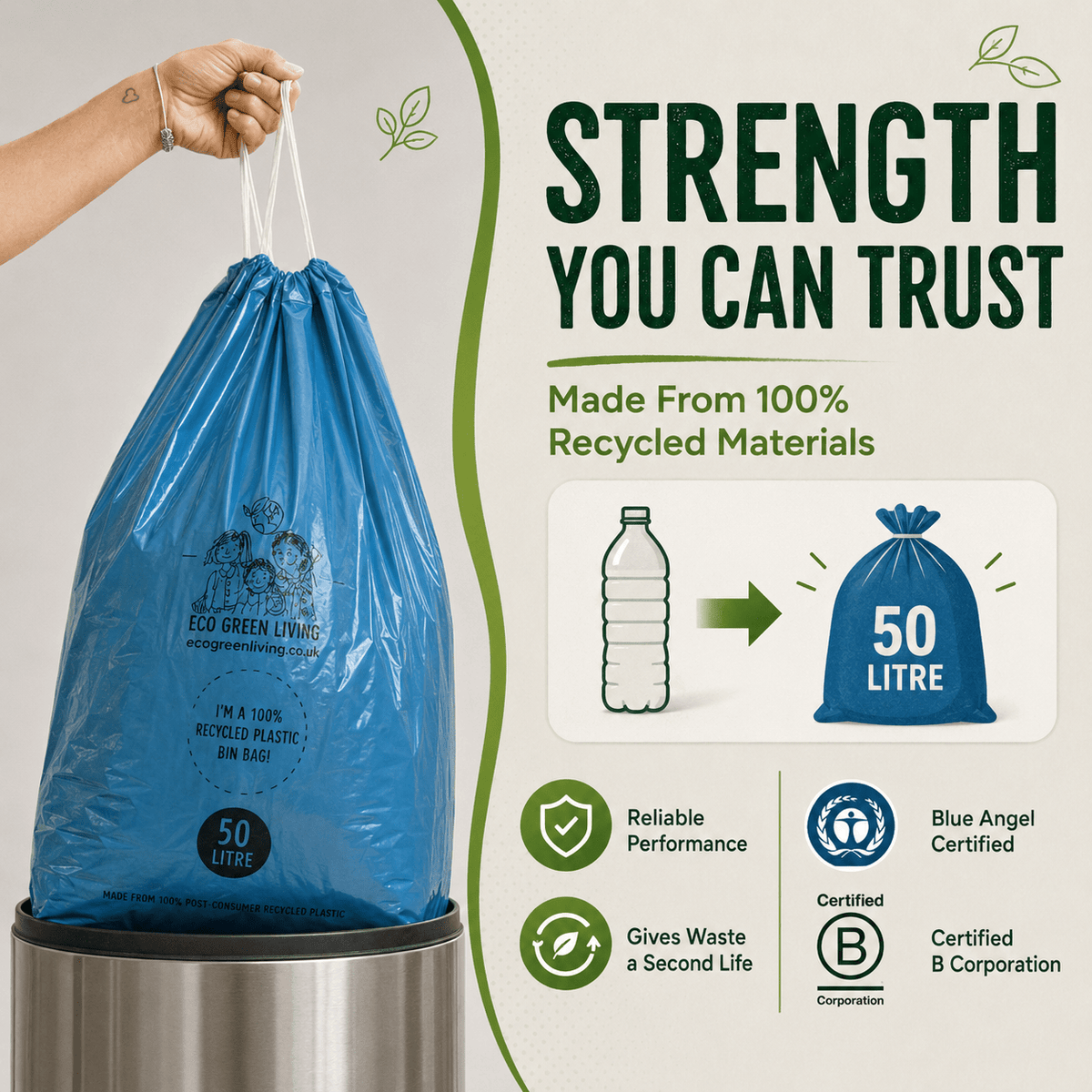 50L Recycled Plastic Drawstring Bag | 1 Roll of 20 Bags | Eco Green Living - EcoGreenLiving