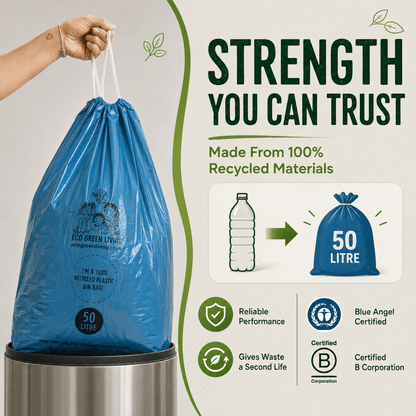 50L Recycled Plastic Drawstring Bag | 1 Roll of 20 Bags | Eco Green Living - EcoGreenLiving