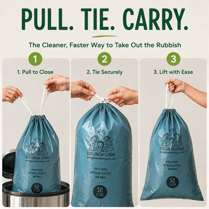 50L Recycled Plastic Drawstring Bag | 1 Roll of 20 Bags | Eco Green Living - EcoGreenLiving