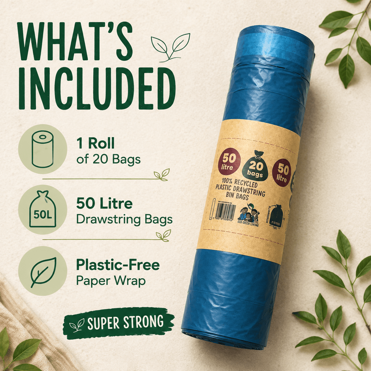 50L Recycled Plastic Drawstring Bag | 1 Roll of 20 Bags | Eco Green Living - EcoGreenLiving
