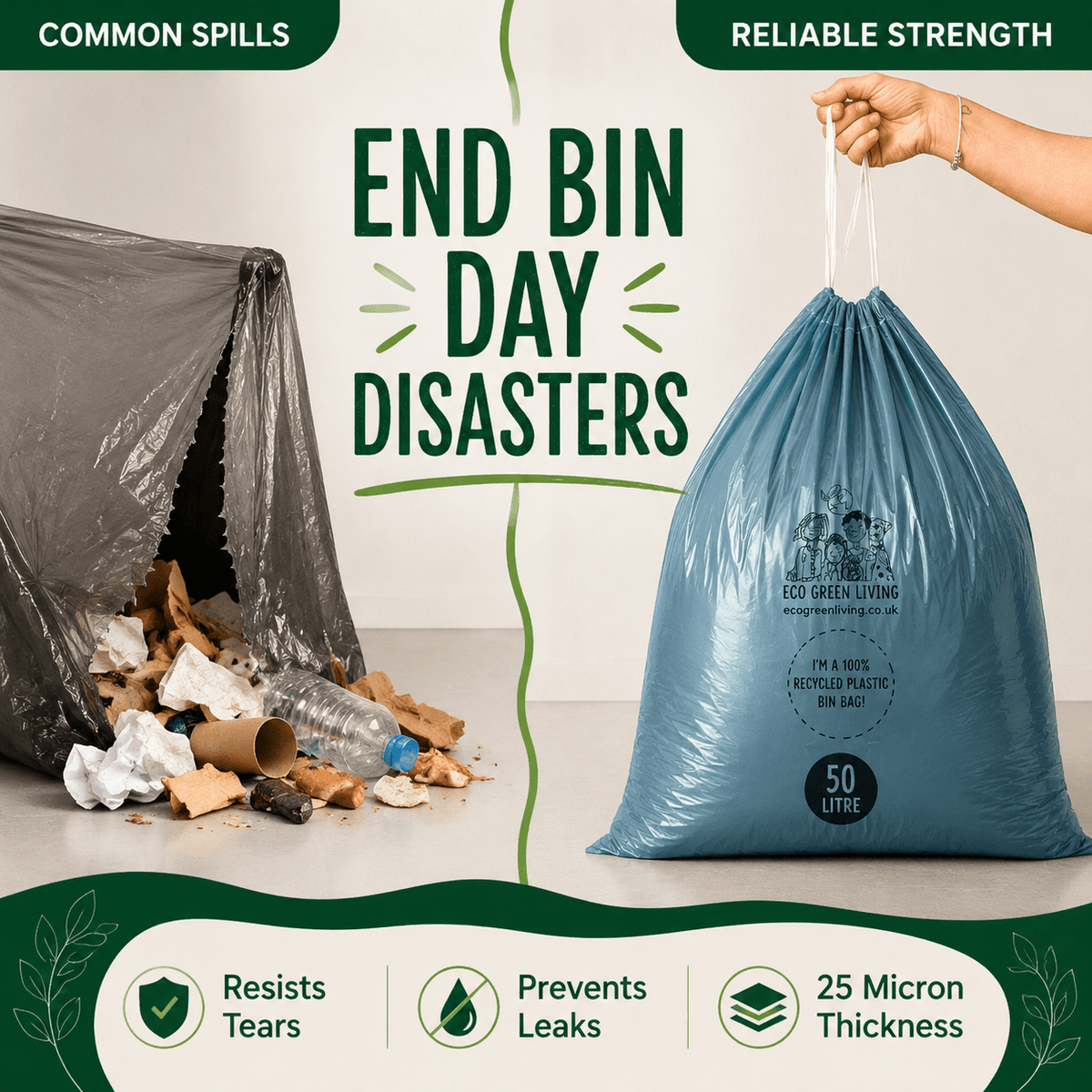 50L Recycled Plastic Drawstring Bag | 1 Roll of 20 Bags | Eco Green Living - EcoGreenLiving