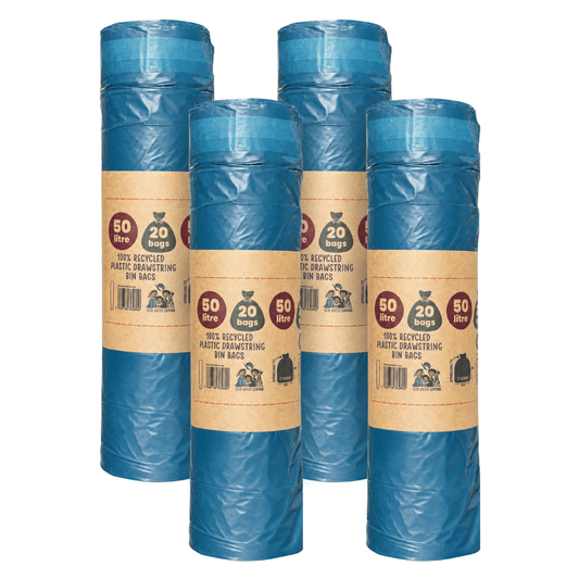 50L Recycled Plastic Drawstring Bag | 1 Roll of 80 Bags | Eco Green Living (4 packs) - EcoGreenLiving