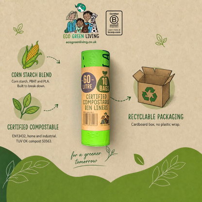A roll of compostable bin liners by Eco Green Living is shown on a beige illustrated background with marketing callouts. The product tube is bright green and tan, labeled '60 LITRE' and '10 BAGS', with surrounding graphics for corn starch blend, certified compostable material, recyclable packaging, and a certification badge.