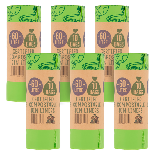 Six rolls of certified compostable bin liners, each 60 litres and containing 10 bags, wrapped in green and beige paper sleeves with illustrations of recycling symbols.