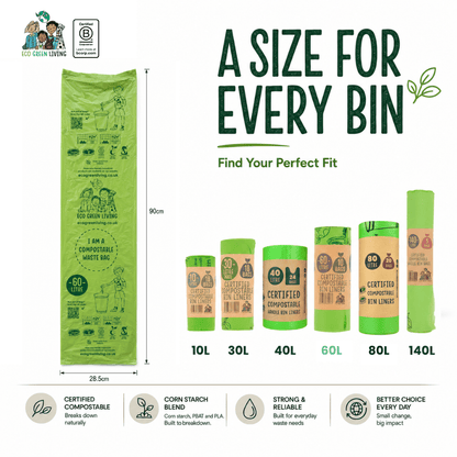 60L Compostable Waste Bags | 1 Roll of 10 Bags | Eco Green Living - EcoGreenLiving