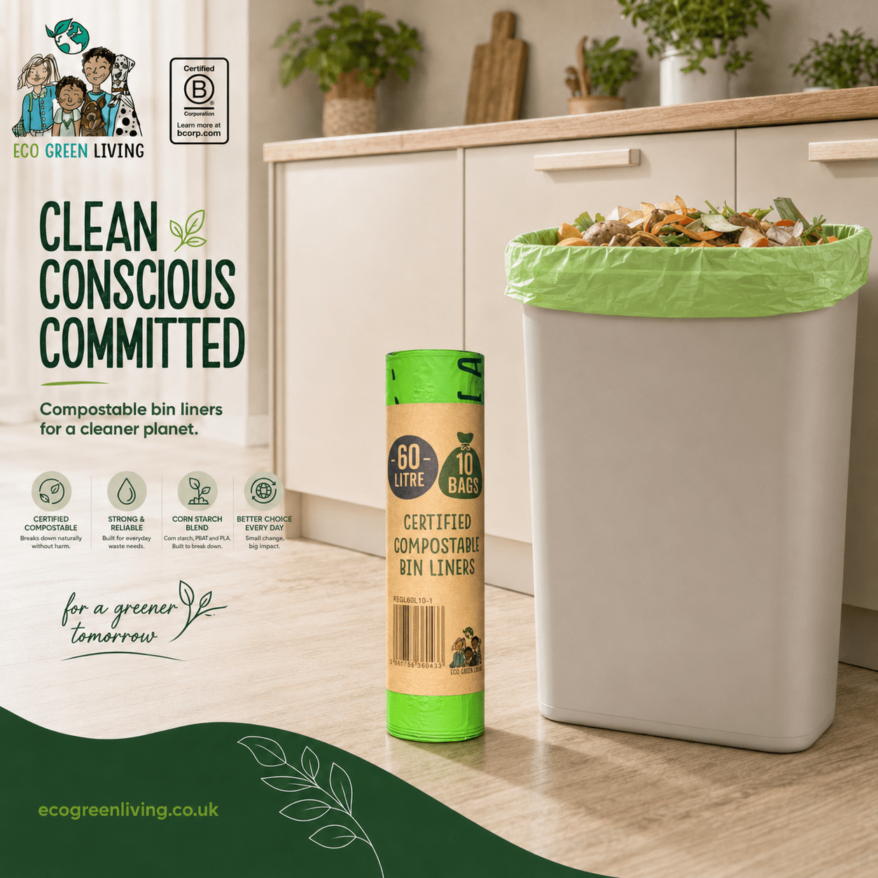 60L Compostable Waste Bags | 1 Roll of 10 Bags | Eco Green Living - EcoGreenLiving