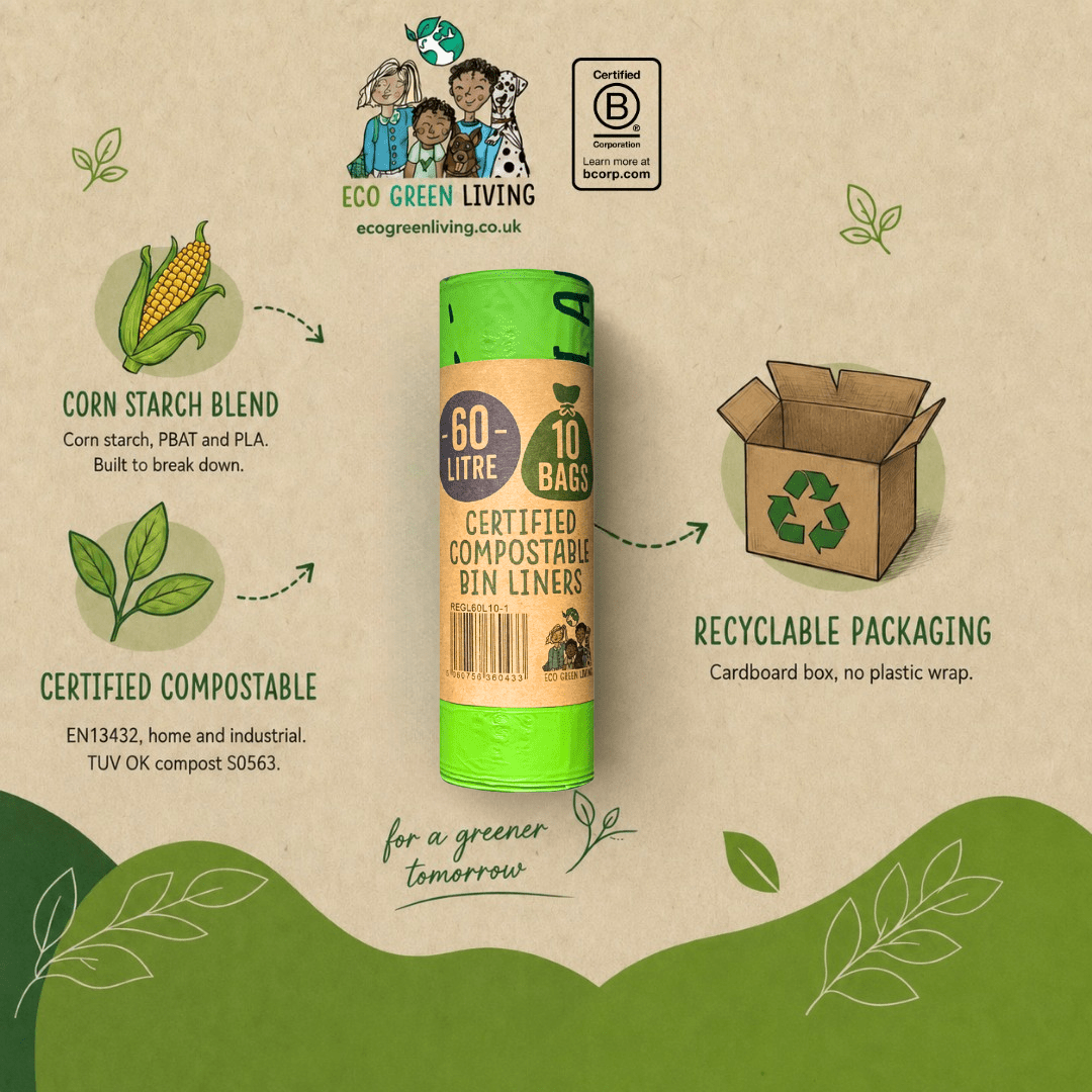 60L Compostable Waste Bags | 1 Roll of 10 Bags | Eco Green Living - EcoGreenLiving