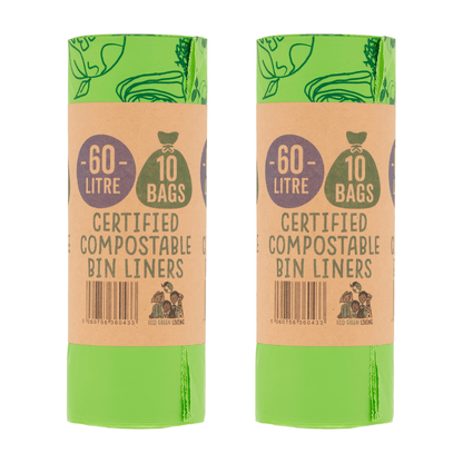 Two rolls of compostable 60L bin bags in kraft paper packaging, 20 bags in total