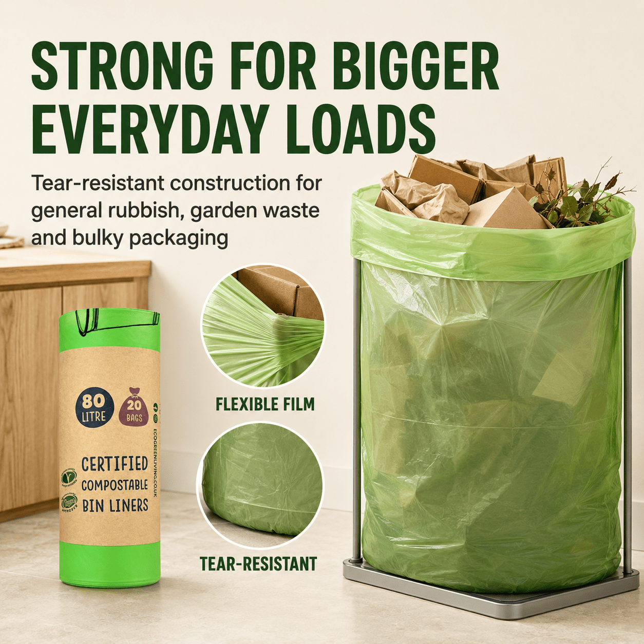 80L Bin Liners | 1 Roll of 20 Bags | Eco Green Living - EcoGreenLiving