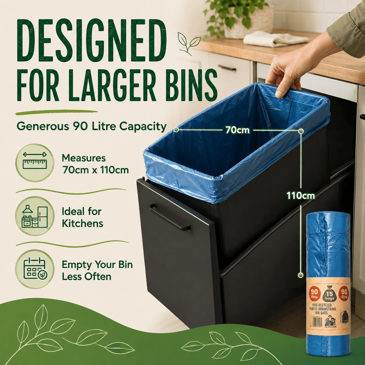 90L Recycled Plastic Drawstring Bag |1 Roll of 15Bags | Eco Green Living - EcoGreenLiving