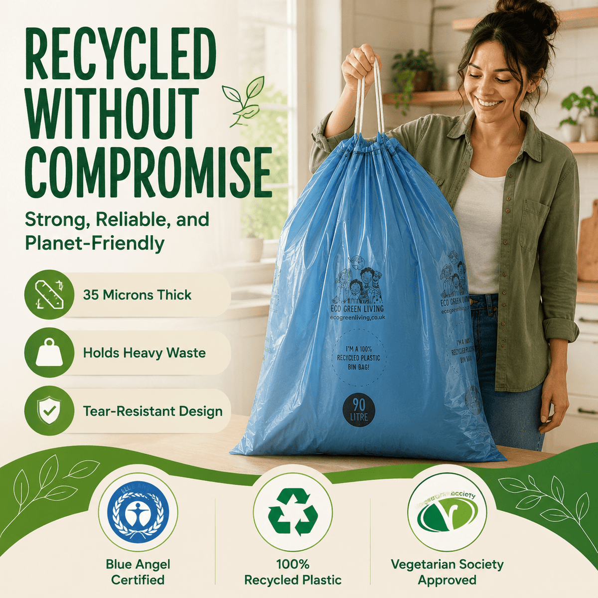 90L Recycled Plastic Drawstring Bag |1 Roll of 15Bags | Eco Green Living - EcoGreenLiving