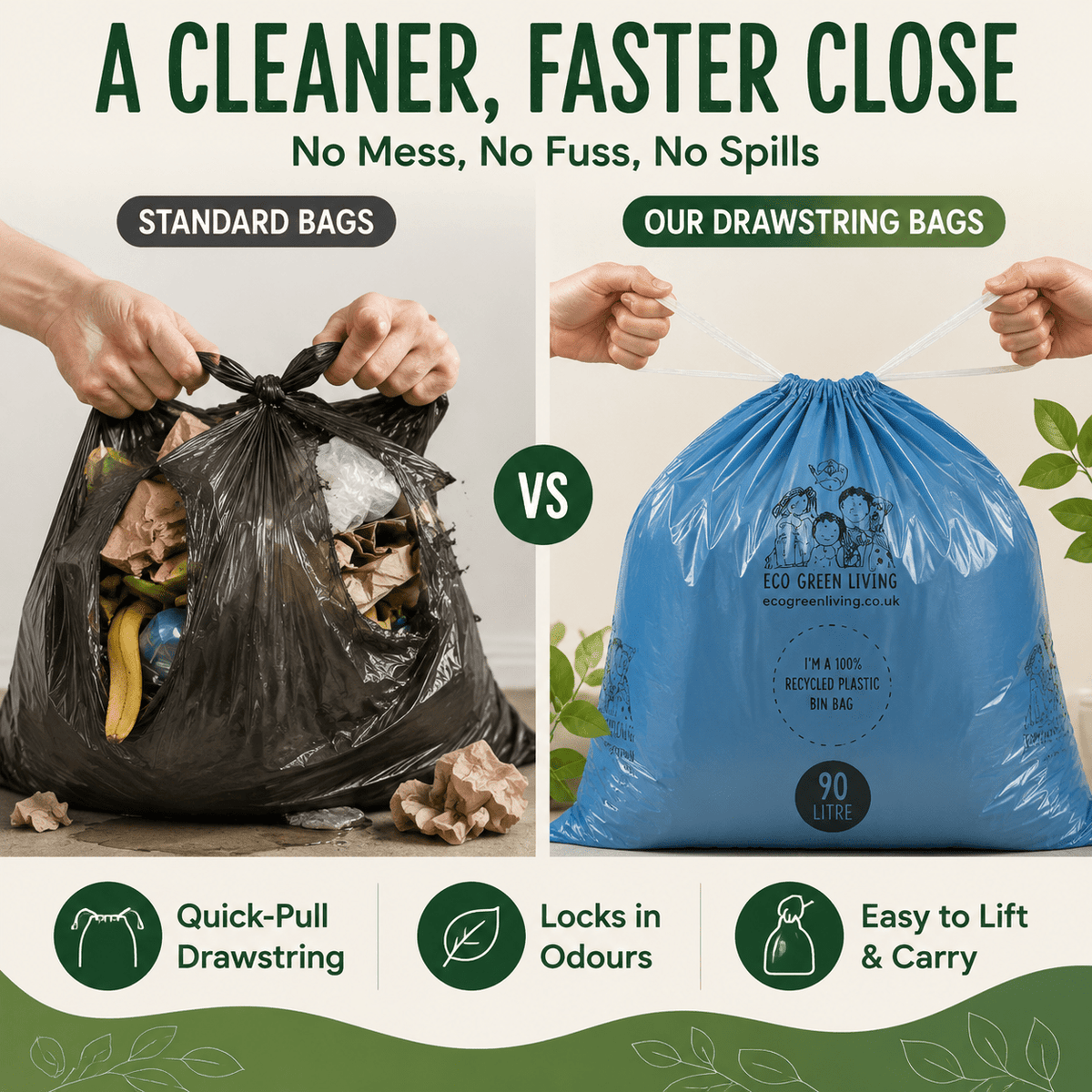 90L Recycled Plastic Drawstring Bag |1 Roll of 15Bags | Eco Green Living - EcoGreenLiving