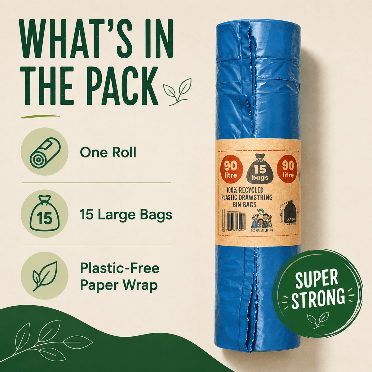 90L Recycled Plastic Drawstring Bag |1 Roll of 15Bags | Eco Green Living - EcoGreenLiving