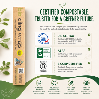 A kraft paper compostable ring wrap product box shown upright on a white background with green decorative leaves and large marketing text about certified compostability. The package is labeled 'bio cling wrap' and includes certification logos for DIN CERTCO, ABAP, and B Corp.