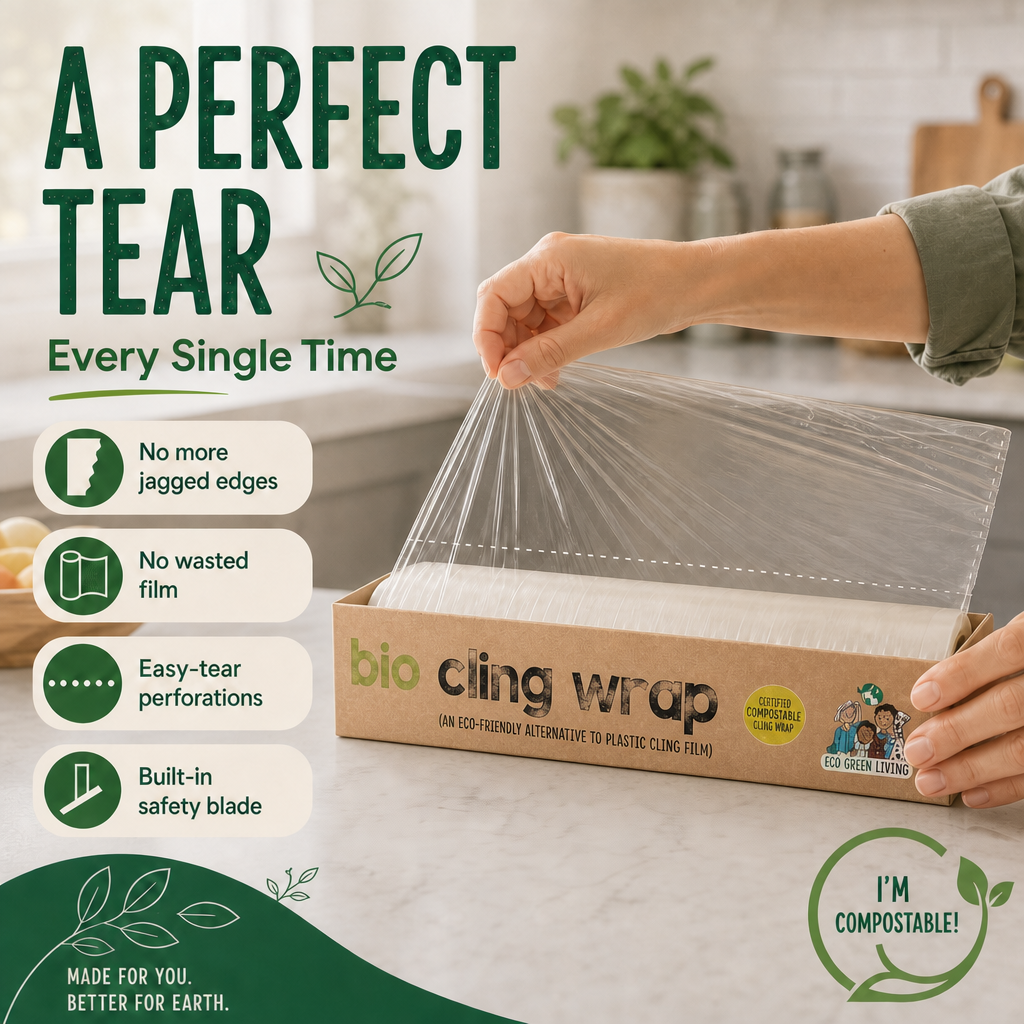 A person's hands tear a clear plastic wrap from a brown cardboard box labeled 'bio cling wrap' in a bright kitchen setting. Large promotional text on the left reads 'A PERFECT TEAR Every Single Time' with feature callouts, and a circular badge says 'I'M COMPOSTABLE!'.