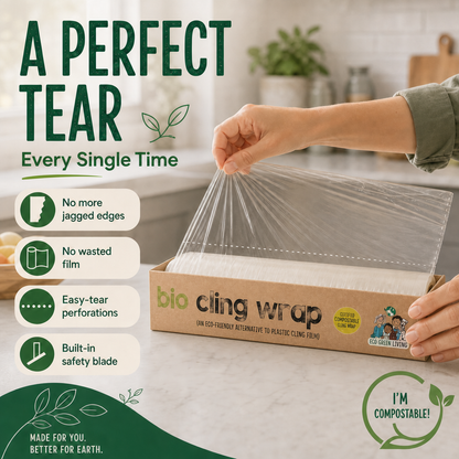 A person's hands tear a clear plastic wrap from a brown cardboard box labeled 'bio cling wrap' in a bright kitchen setting. Large promotional text on the left reads 'A PERFECT TEAR Every Single Time' with feature callouts, and a circular badge says 'I'M COMPOSTABLE!'.