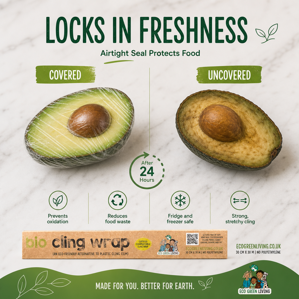 An infographic-style product comparison for Eco Green Living bio cling wrap. The image shows two halves of an avocado on a white marble background, one wrapped tightly in clear cling film with a visible brand label, and the other left unwrapped.