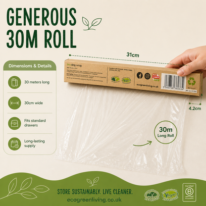 A hand holds a brown cardboard box of Ecogreen Living stretch wrap next to a clear plastic stretch film roll, with measurement labels showing 31cm length, 30cm width, and 4.2cm thickness.