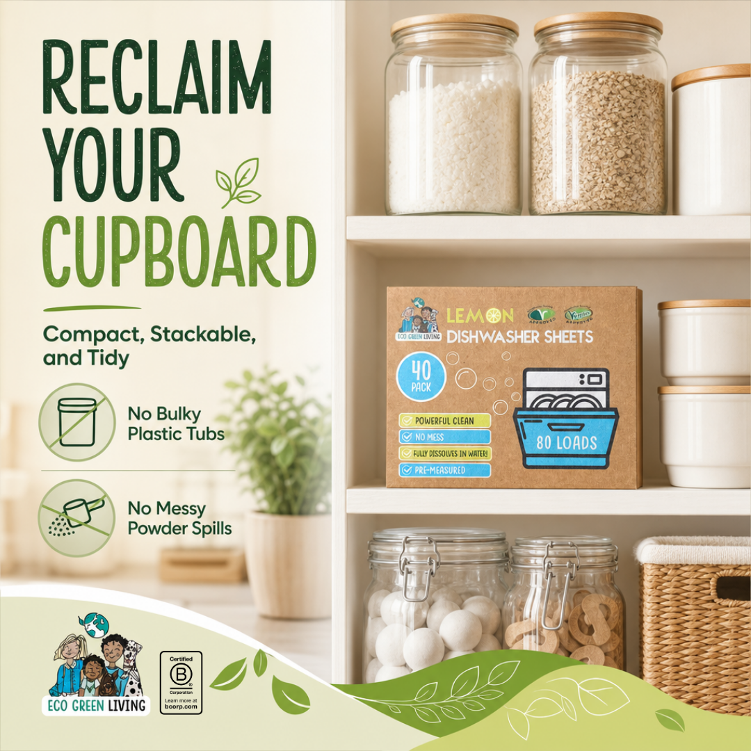 Promotional graphic for Eco Green Living dishwasher sheets, showing a cardboard box of lemon scent 80-count dishwasher sheets on a white shelf next to text reading 'Reclaim Your Cupboard' with icons for compact, stackable, and tidy storage.