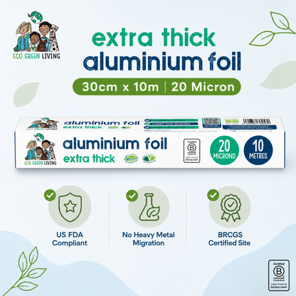 A package of Eco Green Living extra thick aluminium foil, 30cm x 10m (20 micron), shown on a light blue and white background with product features and certification icons below.