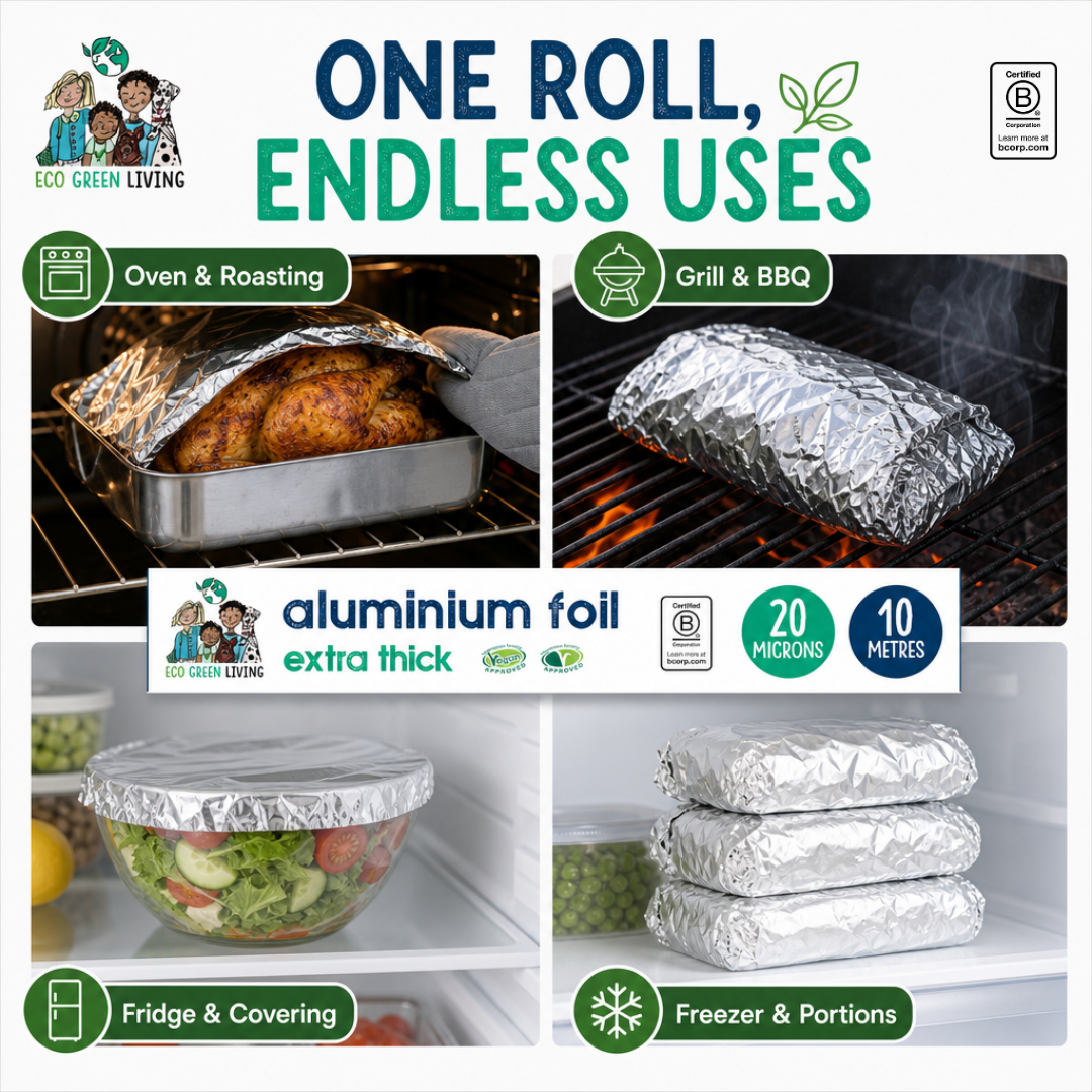 Promotional graphic for Eco Green Living extra thick aluminium foil, showing four lifestyle cooking and storage uses: oven & roasting, grill & BBQ, fridge & covering, and freezer & portions. The layout includes product specs ('aluminium foil', '20 microns', '10 metres'), icons, and a small brand logo.