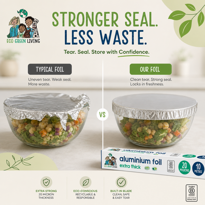 A promotional comparison graphic for Eco Green Living reusable stretch wrap lids. It shows a glass bowl of salad covered with torn aluminum foil on the left ('Typical Foil') and covered with a clean, sealed lid on the right ('Our Foil'), with a box of Eco Green Living extra thick aluminium foil on the bottom right.
