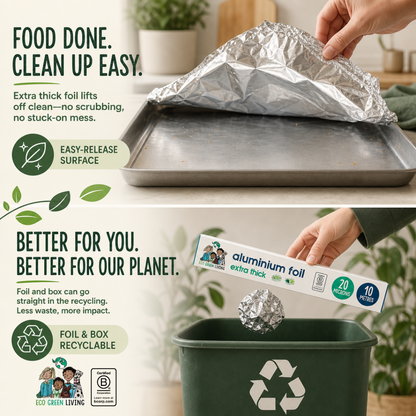 Aluminium foil packaging and cleanup demonstration in a kitchen setting, showing a hand lifting foil off a baking tray, with text highlighting eco-friendly thick foil and recycling benefits.