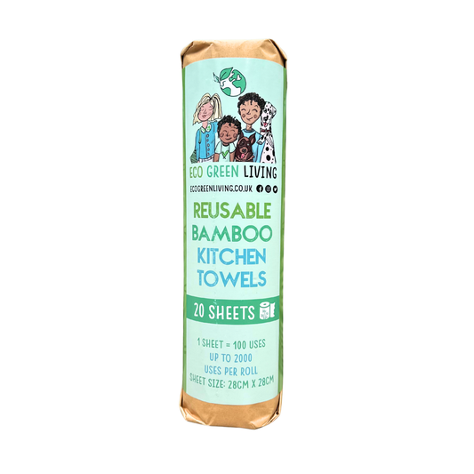 A single roll of reusable bamboo kitchen towels wrapped in kraft paper, featuring a mint green label with cartoon children and the brand name Eco Green Living.
