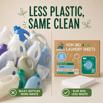 Promotional comparison graphic for laundry sheets. On the left, a pile of assorted laundry detergent bottles is labeled 'BULKY BOTTLES MORE WASTE.