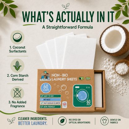Laundry sheets in an open kraft cardboard box with a green and blue front label, shown on a beige background with coconut imagery and text reading 'What's Actually in It' and 'Non-Bio Laundry Sheets 60 loads.'.