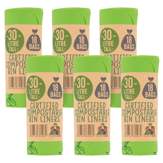 30 Litre Compostable Waste Bags | 6 Rolls of 18 Bags | Eco Green Living