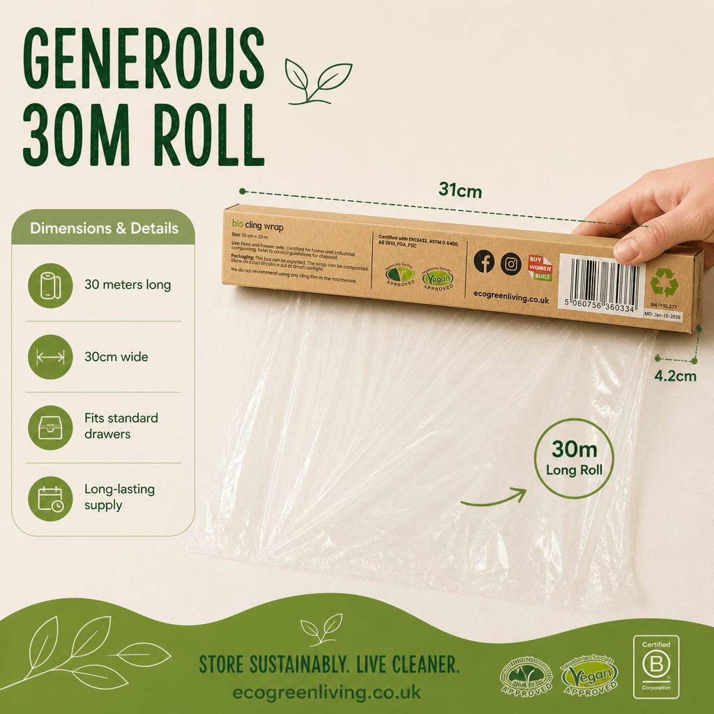 Compostable Cling Film - Zero Plastic - Recycled Packaging - 1 x 30m roll - EcoGreenLiving