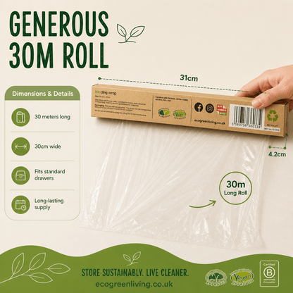 Compostable Cling Film - Zero Plastic - Recycled Packaging - 1 x 30m roll - EcoGreenLiving