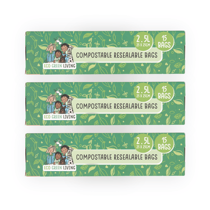 Compostable Resealable Zip lock Bags Large | 2.5 Litre | 3 Packs | (45 bags) - EcoGreenLiving