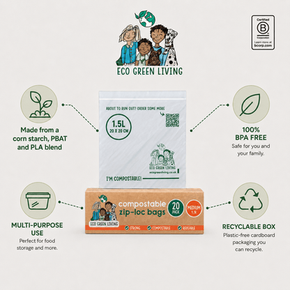 Compostable Resealable Zip Lock Bags Medium | 1.5 Litre (80 bags) (4 Packs) - EcoGreenLiving