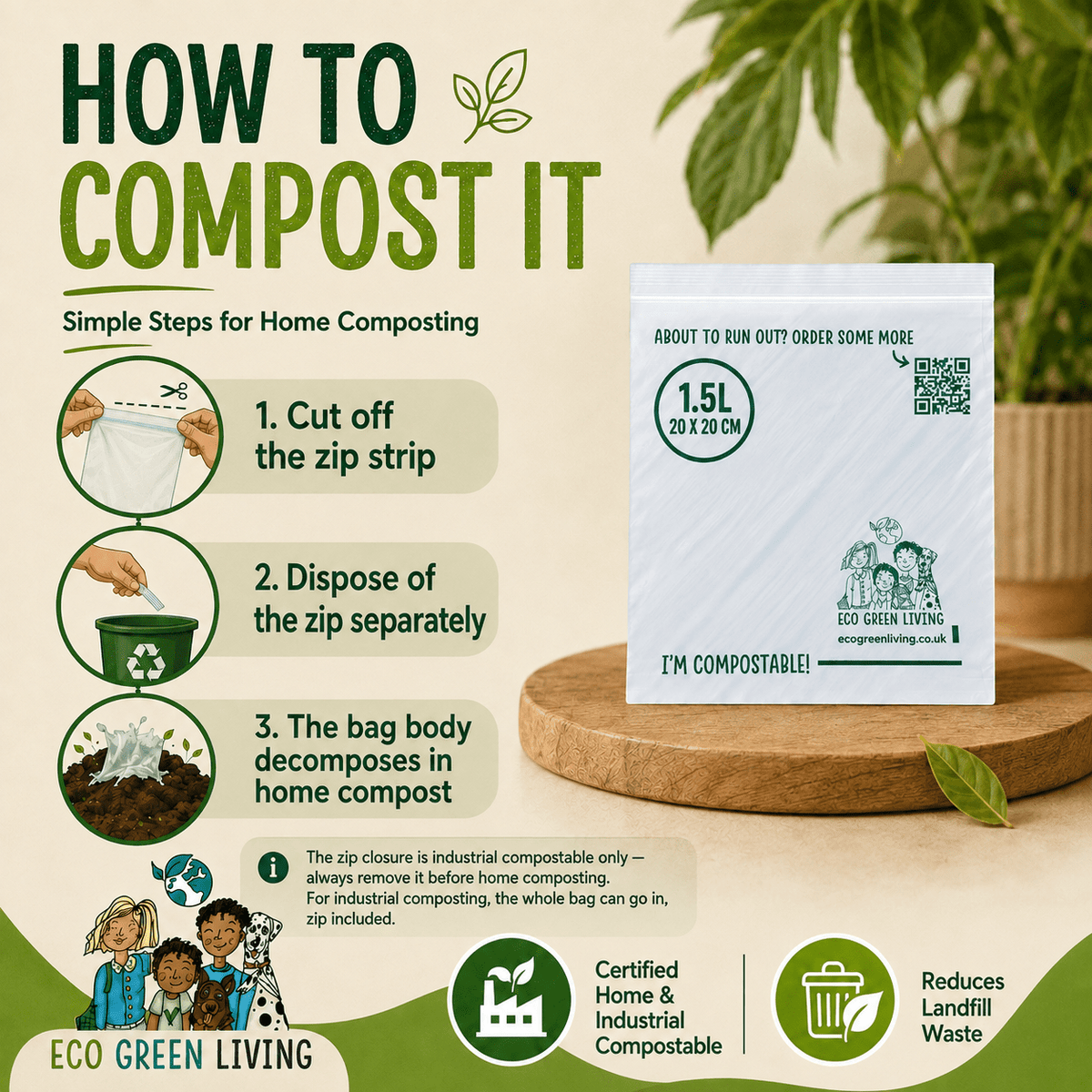 Compostable Resealable Zip Lock Bags Medium | 1.5 Litre (80 bags) (4 Packs) - EcoGreenLiving