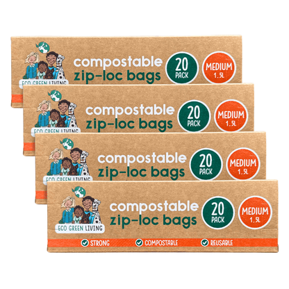 Compostable Resealable Zip Lock Bags Medium | 1.5 Litre (80 bags) (4 Packs) - EcoGreenLiving