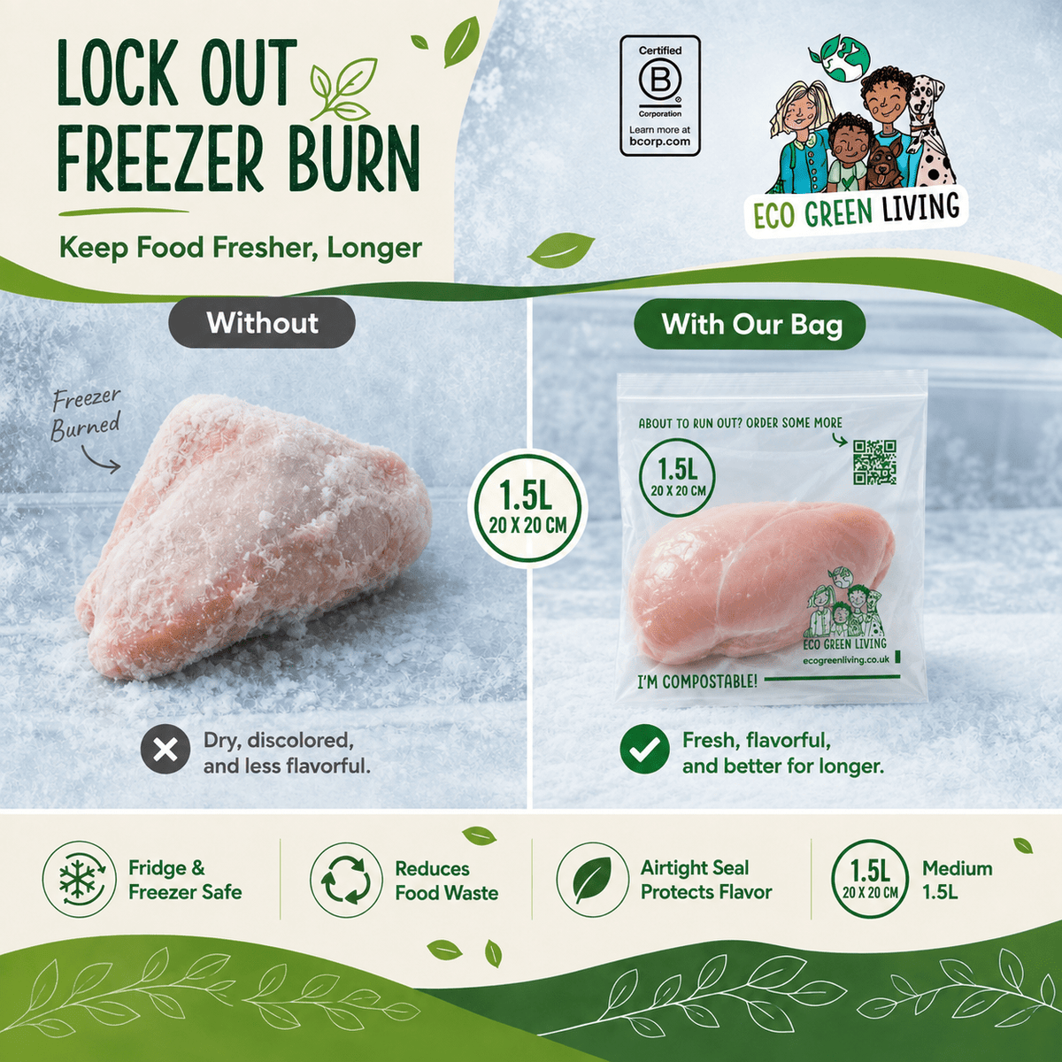 Compostable Resealable Zip Lock Bags Medium | 1.5 Litre (80 bags) (4 Packs) - EcoGreenLiving